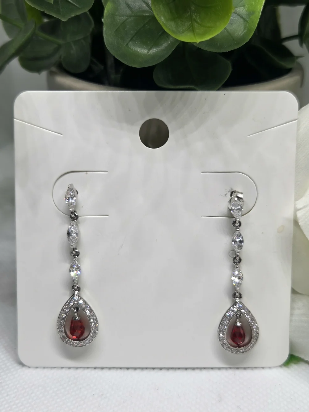 Elegant Silver Drop Earrings with Red Teardrop Stone